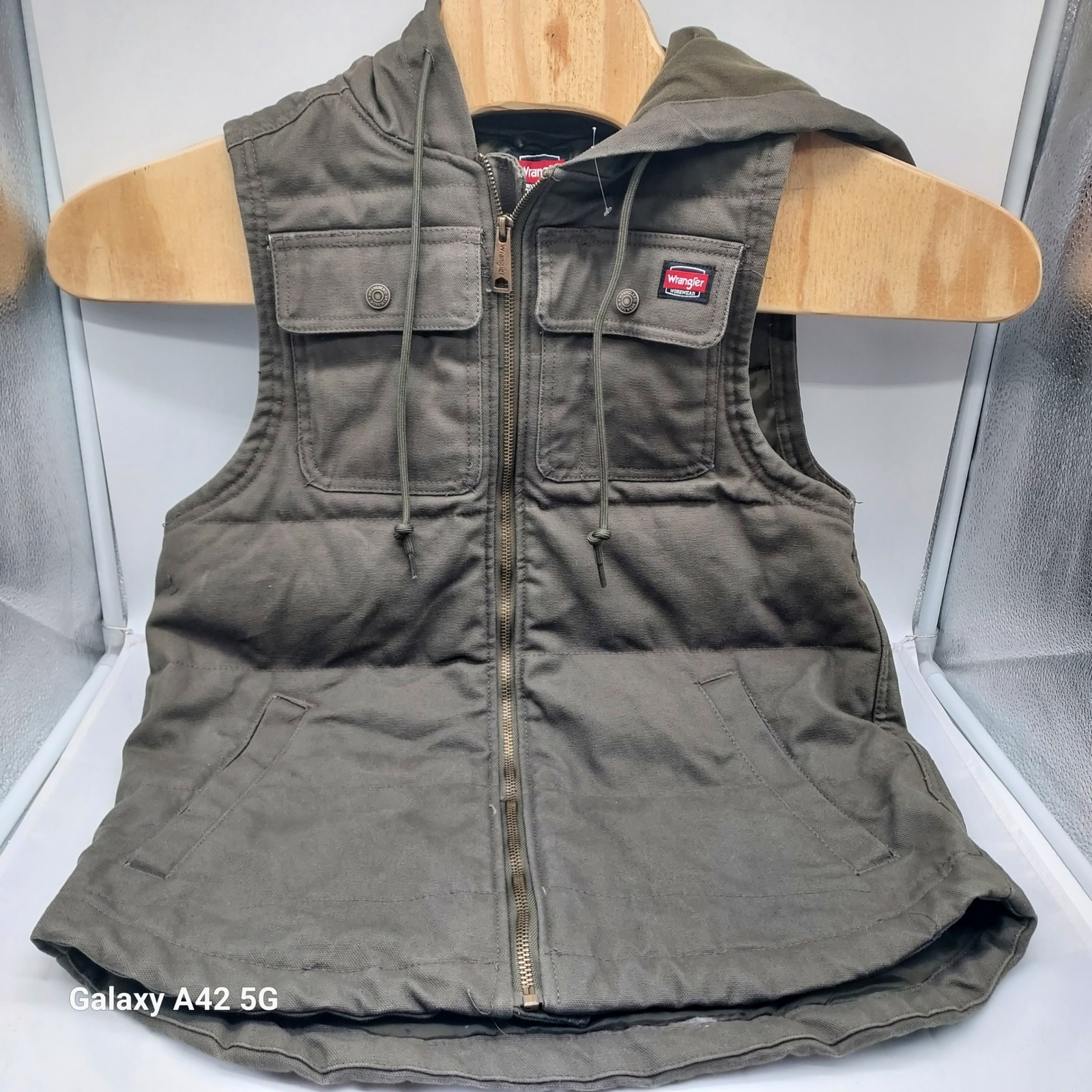 Wrangler Workwear Quilted Vest Hooded Olive Green Size S/Ch 34-36